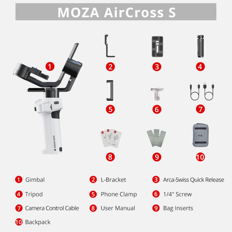 MOZA AirCross S 3 Axis Foldable Handheld Gimbal Stabilizer for DSLR Cameras and Smart Phone (White) - Consumer Electronics by MOZA | Online Shopping UK | buy2fix