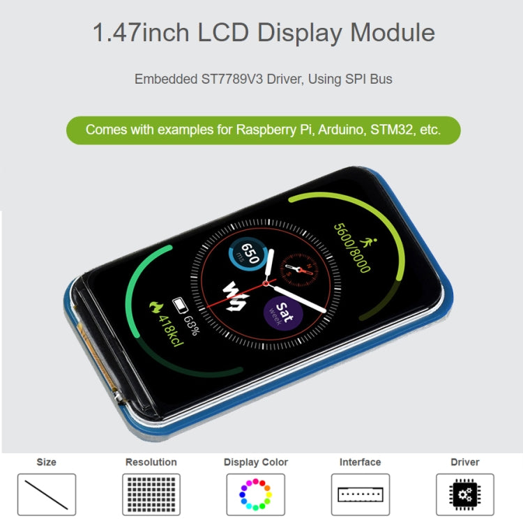 WAVESHARE 1.47 inch LCD Display Module, Rounded Corners, 172 x 320 Resolution, SPI Interface - Modules Expansions Accessories by VONETS | Online Shopping UK | buy2fix