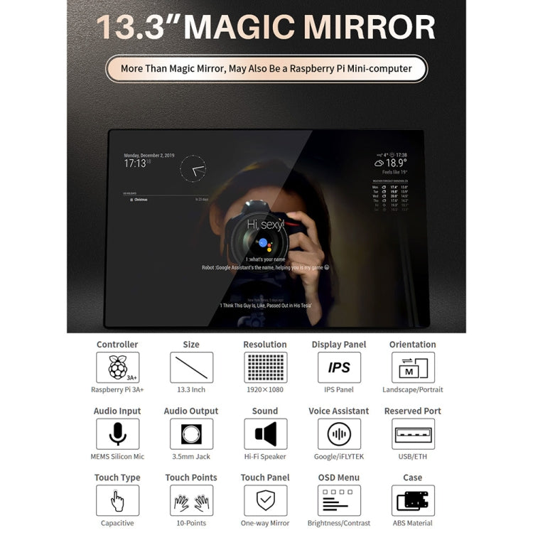 Waveshare 13.3 inch Magic Mirror, Voice Assistant, Touch Control(EU Plug) - Consumer Electronics by WAVESHARE | Online Shopping UK | buy2fix