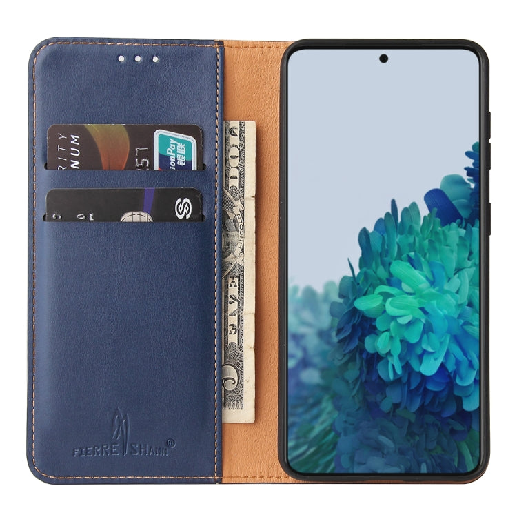 For Samsung Galaxy S21 5G Fierre Shann PU Genuine Leather Texture Horizontal Flip Leather Case with Holder & Card Slots & Wallet(Blue) - Galaxy S21 5G Cases by FIERRE SHANN | Online Shopping UK | buy2fix