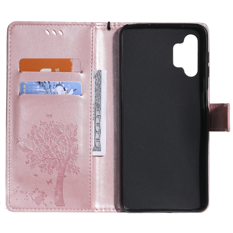 For Samsung Galaxy A32 5G Tree & Cat Pattern Pressed Printing Horizontal Flip PU Leather Case with Holder & Card Slots & Wallet & Lanyard(Rose gold) - Galaxy Phone Cases by imak | Online Shopping UK | buy2fix