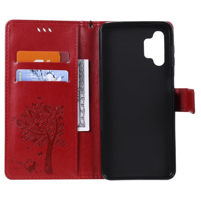 For Samsung Galaxy A32 5G Tree & Cat Pattern Pressed Printing Horizontal Flip PU Leather Case with Holder & Card Slots & Wallet & Lanyard(Red) - Galaxy Phone Cases by imak | Online Shopping UK | buy2fix