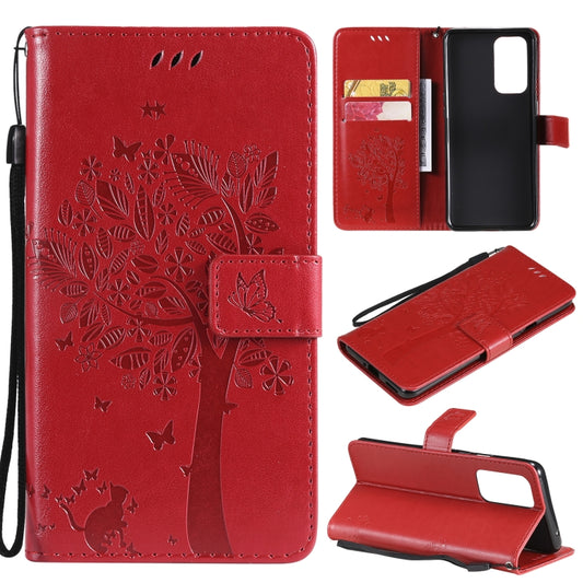 For OnePlus 9 Pro Tree & Cat Pattern Pressed Printing Horizontal Flip PU Leather Case with Holder & Card Slots & Wallet & Lanyard(Red) - OnePlus Cases by buy2fix | Online Shopping UK | buy2fix