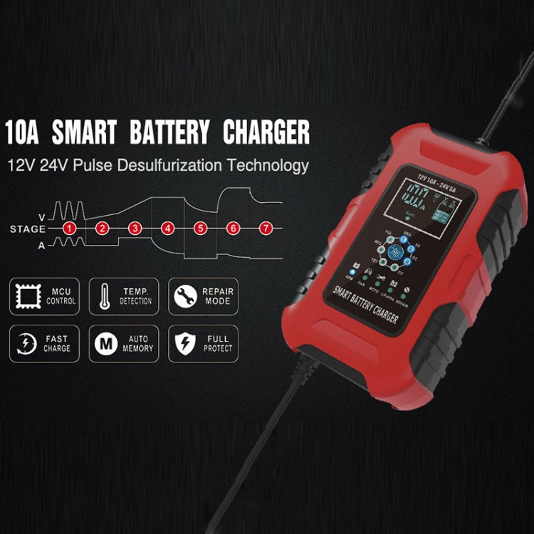 FOXSUR 10A 12V 7-segment Motorcycle / Car Smart Battery Charger, Plug Type:EU Plug(Red) - Battery Charger by FOXSUR | Online Shopping UK | buy2fix