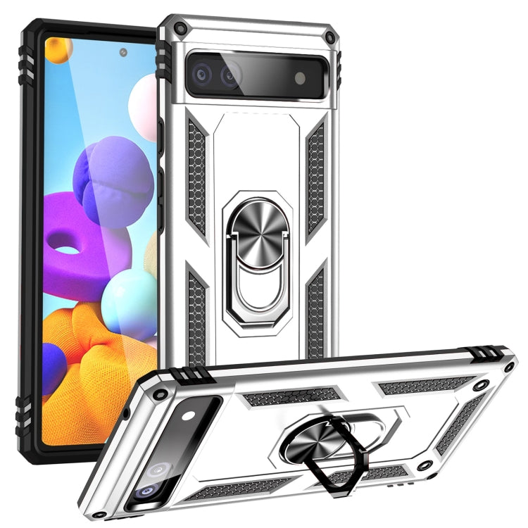 For Google Pixel 6A Shockproof TPU + PC Protective Case with 360 Degree Rotating Holder(Silver) - Google Cases by buy2fix | Online Shopping UK | buy2fix