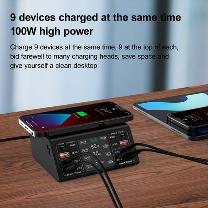 838w 9 in 1 100W 4 PD 3.0 USB-C / Type-C + 4 QC 3.0 USB Ports Smart Digital Display Wireless Charger, EU Plug(Black) - Multifunction Charger by buy2fix | Online Shopping UK | buy2fix