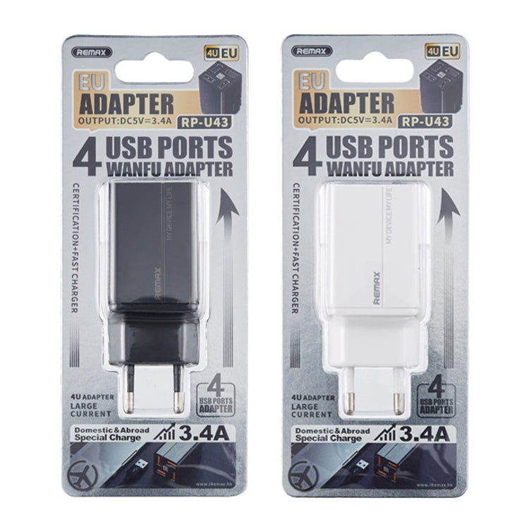 REMAX RP-U43 3.4A 4 USB Port Fast Charger, Specification:EU Plug(White) - USB Charger by REMAX | Online Shopping UK | buy2fix