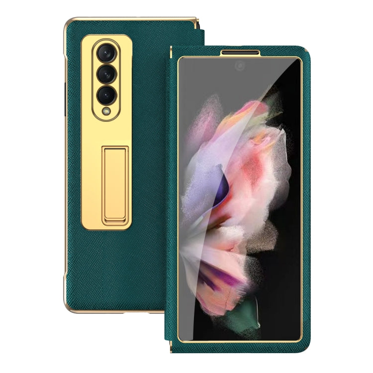 For Samsung Galaxy Z Fold4 Cross Texture Integrated Electroplating Hinge Flip Phone Case with Tempered Film(Cyan) - Galaxy Z Fold4 5G Cases by buy2fix | Online Shopping UK | buy2fix