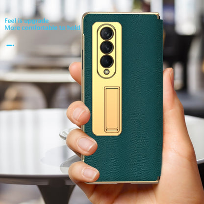 For Samsung Galaxy Z Fold4 Cross Texture Integrated Electroplating Hinge Flip Phone Case with Tempered Film(Cyan) - Galaxy Z Fold4 5G Cases by buy2fix | Online Shopping UK | buy2fix