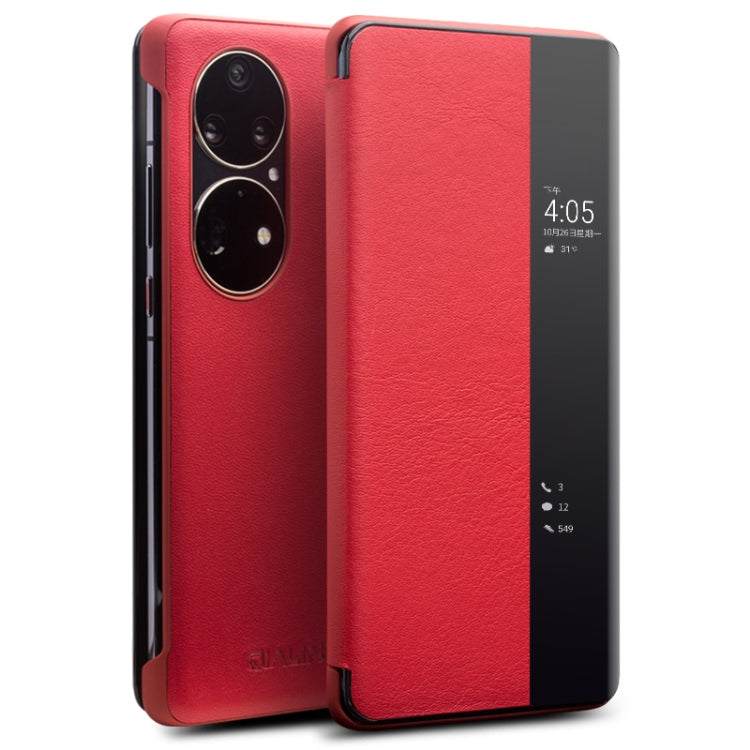 For Huawei P50 QIALINO Genuine Leather Side Window View Smart Phone Case(Red) - Huawei Cases by QIALINO | Online Shopping UK | buy2fix