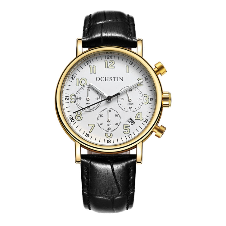 Ochstin 5081A Multifunctional Luminous Waterproof Leather Strap Quartz Watch(Gold+White+Black) - Leather Strap Watches by OCHSTIN | Online Shopping UK | buy2fix