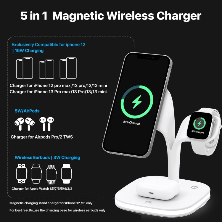 SoulBytes YM-UD22 15W 5 in 1 Magnetic Wireless Charger with Stand Function(White) - Apple Accessories by Soulbytes | Online Shopping UK | buy2fix