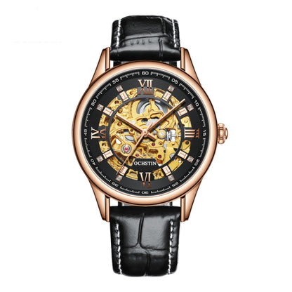 OCHSTIN 6020D Masterpiece Hollow Mechanical Men Watch(Rose Gold-Black) - Leather Strap Watches by OCHSTIN | Online Shopping UK | buy2fix