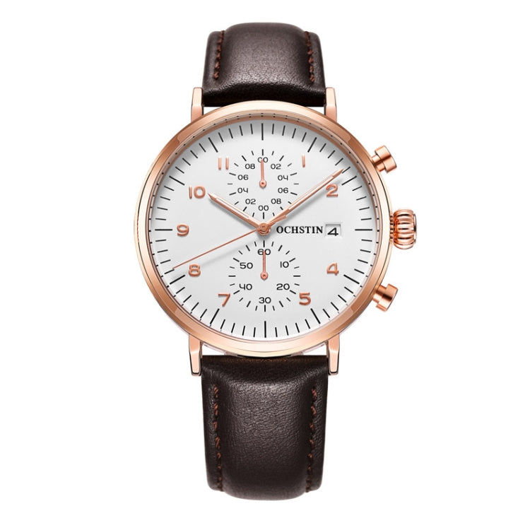 OCHSTIN 6076C Multifunctional Quartz Waterproof Men Leather Watch(Rose Gold+Coffee) - Leather Strap Watches by OCHSTIN | Online Shopping UK | buy2fix