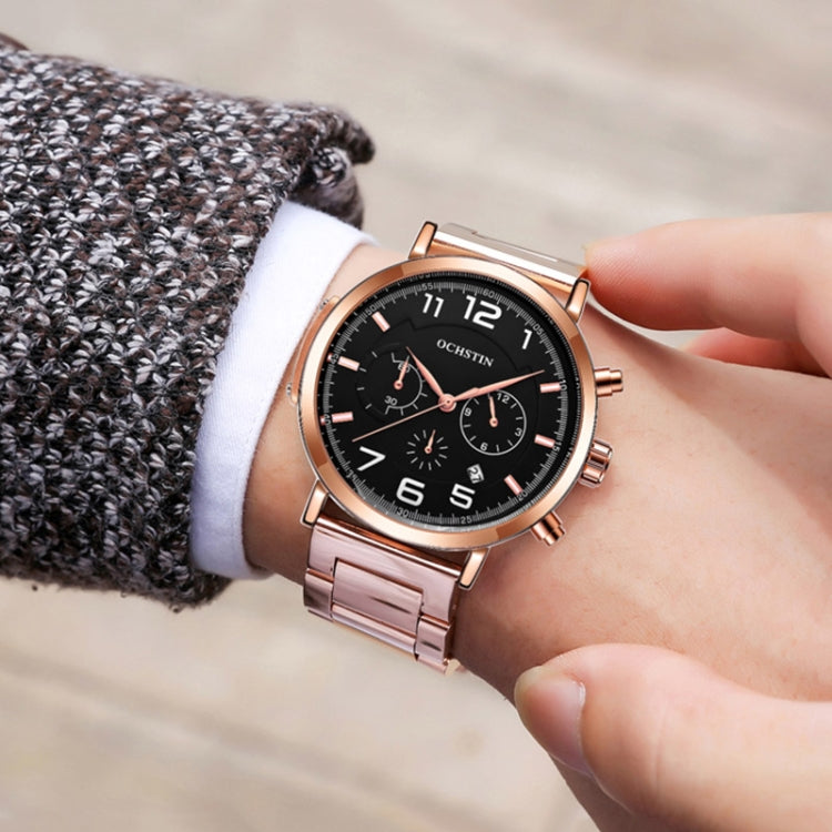 OCHSTIN 7243 Men Fashion Steel Strap Multifunctional Quartz Watch(Rose Gold Black) - Metal Strap Watches by OCHSTIN | Online Shopping UK | buy2fix