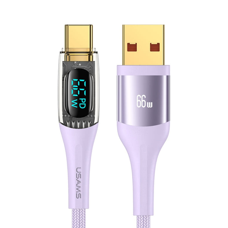 USAMS USB to Type-C 66W Aluminum Alloy Transparent Digital Display Fast Charge Data Cable, Cable Length:2m(Purple) - USB-C & Type-C Cable by USAMS | Online Shopping UK | buy2fix