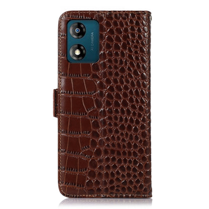 For Motorola Moto E13 4G 2023 Crocodile Top Layer Cowhide RFID Leather Phone Case(Brown) - Motorola Cases by buy2fix | Online Shopping UK | buy2fix