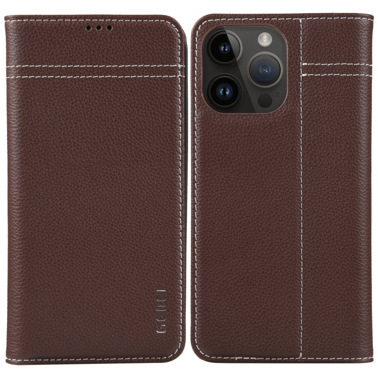 For iPhone 14 Pro GEBEI Top-grain Horizontal Flip Leather Phone Case(Brown) - iPhone 14 Pro Cases by GEBEI | Online Shopping UK | buy2fix
