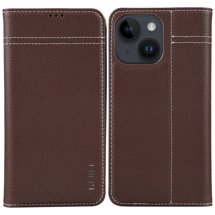 For iPhone 14 GEBEI Top-grain Horizontal Flip Leather Phone Case(Brown) - iPhone 14 Cases by GEBEI | Online Shopping UK | buy2fix