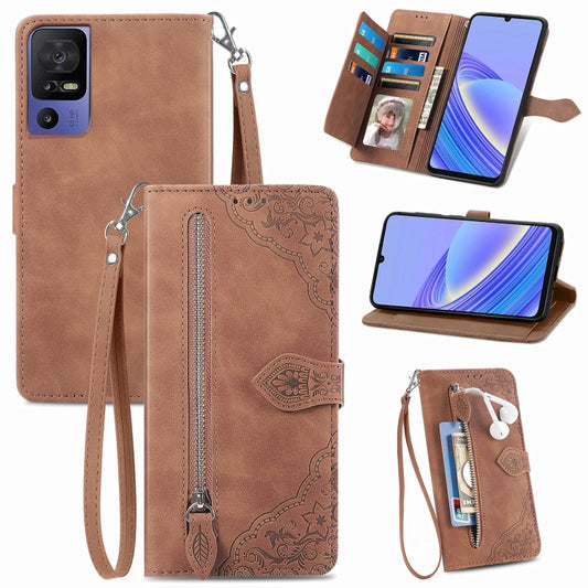 For TCL 40 SE Embossed Flower Zipper Leather Phone Case(Brown) - More Brand by buy2fix | Online Shopping UK | buy2fix