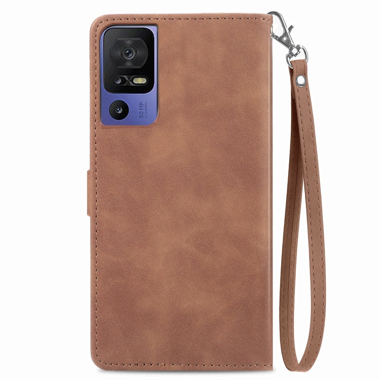For TCL 40 SE Embossed Flower Zipper Leather Phone Case(Brown) - More Brand by buy2fix | Online Shopping UK | buy2fix