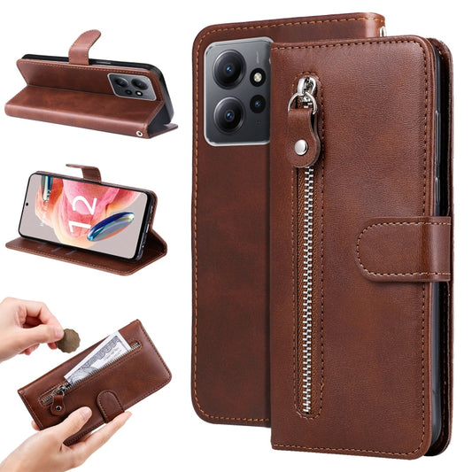 For Xiaomi Redmi Note 12 4G Global Calf Texture Zipper Leather Phone Case(Brown) - Note 12 Cases by buy2fix | Online Shopping UK | buy2fix