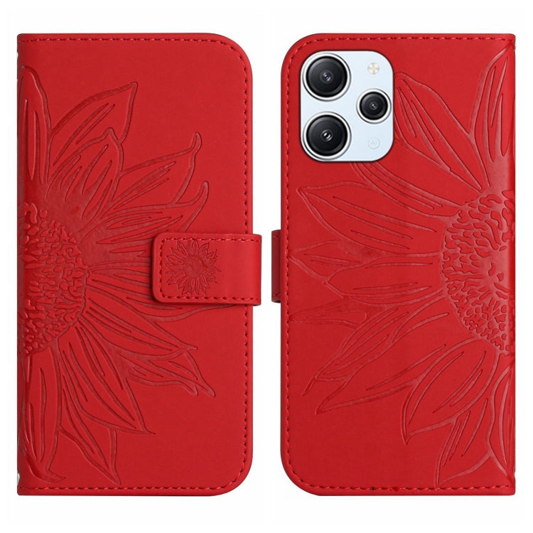 For Xiaomi Redmi 12 4G Global Skin Feel Sun Flower Embossed Flip Leather Phone Case with Lanyard(Red) - Xiaomi Cases by buy2fix | Online Shopping UK | buy2fix