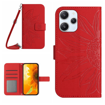 For Xiaomi Redmi 12 4G Global Skin Feel Sun Flower Embossed Flip Leather Phone Case with Lanyard(Red) - Xiaomi Cases by buy2fix | Online Shopping UK | buy2fix