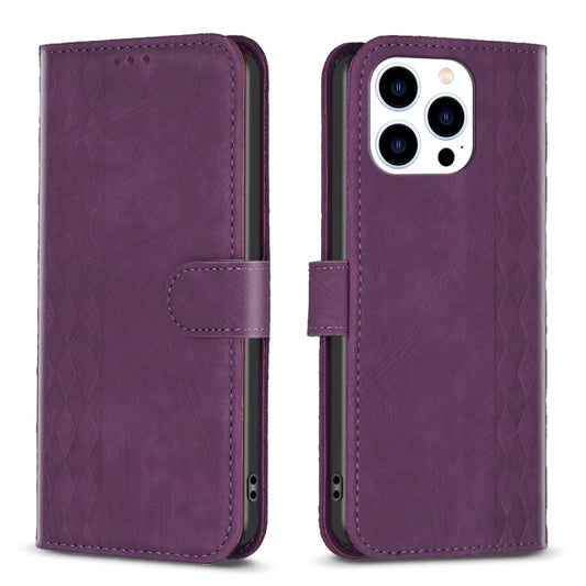 For iPhone 13 Pro Plaid Embossed Leather Phone Case(Purple) - iPhone 13 Pro Cases by buy2fix | Online Shopping UK | buy2fix