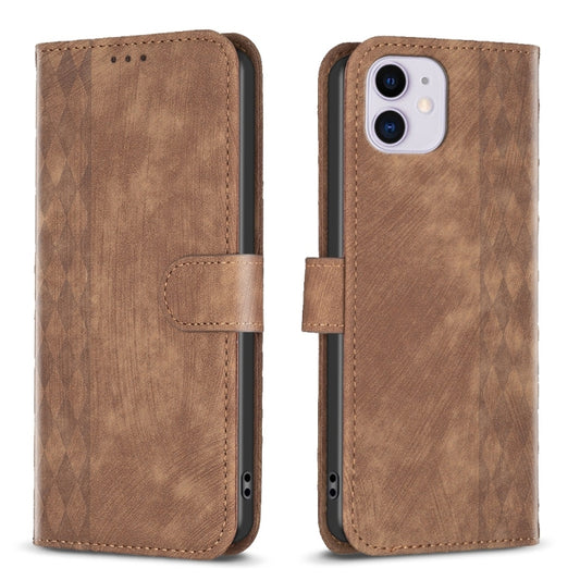 For iPhone 11 Plaid Embossed Leather Phone Case(Brown) - iPhone 11 Cases by buy2fix | Online Shopping UK | buy2fix