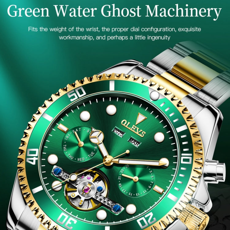 OLEVS 6605 Men Multifunctional Waterproof Mechanical Watch(Green + Gold) - Metal Strap Watches by OLEVS | Online Shopping UK | buy2fix
