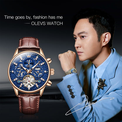 OLEVS 6658 Men Luminous Waterproof Leather Strap Mechanical Watch(Blue + Rose Gold) - Leather Strap Watches by OLEVS | Online Shopping UK | buy2fix