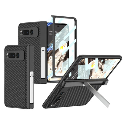 For Google Pixel Fold GKK Integrated Fold Hinge Leather Phone Case with Holder(Carbon Fibre Black) - Google Cases by GKK | Online Shopping UK | buy2fix