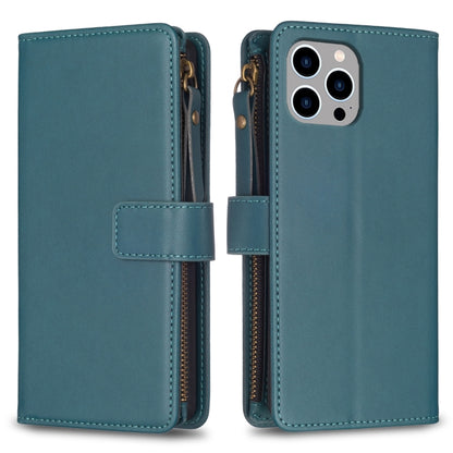 For iPhone 15 Pro Max 9 Card Slots Zipper Wallet Leather Flip Phone Case(Green) - iPhone 15 Pro Max Cases by buy2fix | Online Shopping UK | buy2fix