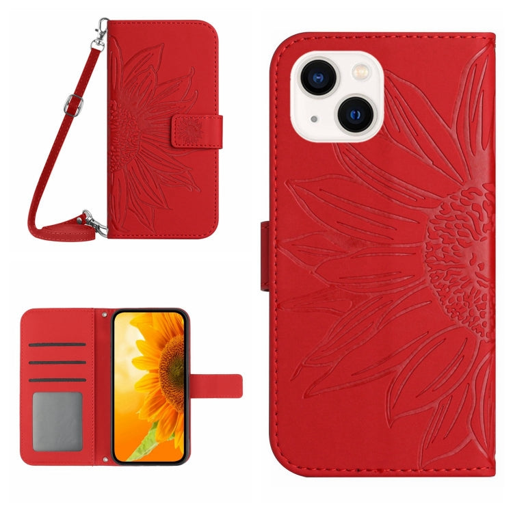 For iPhone 15 Skin Feel Sun Flower Embossed Flip Leather Phone Case with Lanyard(Red) - iPhone 15 Cases by buy2fix | Online Shopping UK | buy2fix