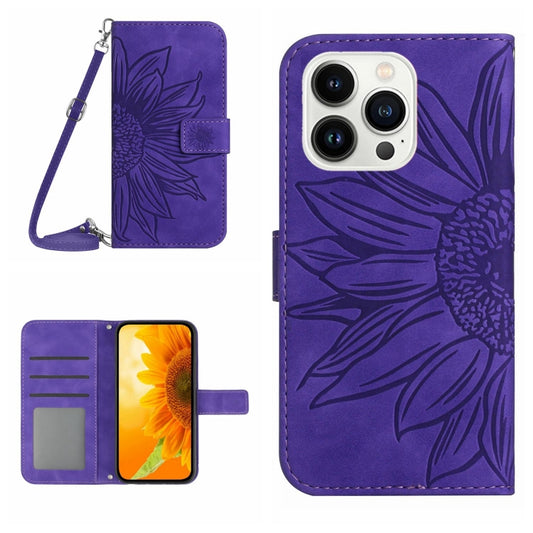 For iPhone 15 Pro Max Skin Feel Sun Flower Embossed Flip Leather Phone Case with Lanyard(Dark Purple) - iPhone 15 Pro Max Cases by buy2fix | Online Shopping UK | buy2fix