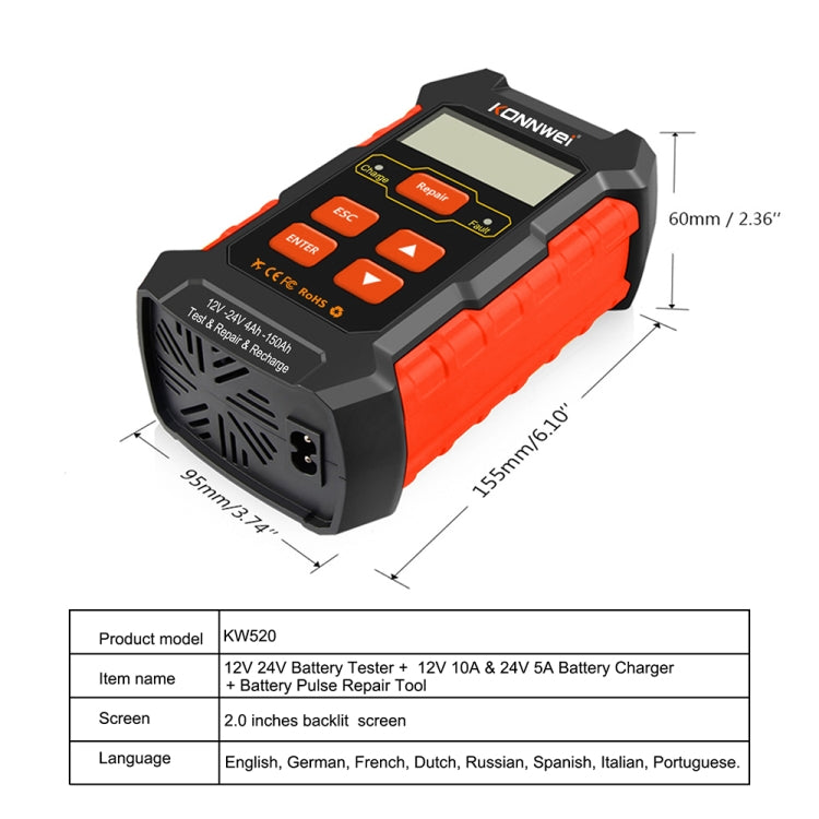 KONNWEI KW520 12V / 24V 3 in 1 Car Battery Tester with Detection & Repair & Charging Function(EU Plug) - Code Readers & Scan Tools by KONNWEI | Online Shopping UK | buy2fix