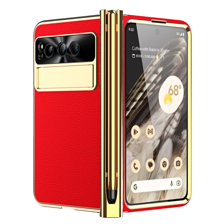 For Google Pixel Fold Litchi Pattern Electroplating Pen Slot Folding Phone Case with Stylus(Red) - Google Cases by buy2fix | Online Shopping UK | buy2fix