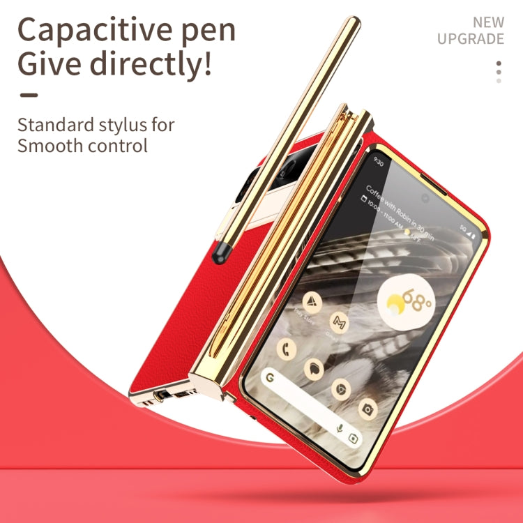 For Google Pixel Fold Litchi Pattern Electroplating Pen Slot Folding Phone Case with Stylus(Red) - Google Cases by buy2fix | Online Shopping UK | buy2fix