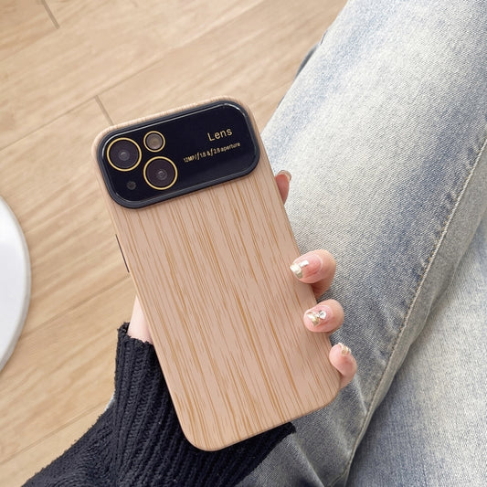 For iPhone 14 Plus Wood Grain TPU Phone Case with Lens Film(Khaki) - iPhone 14 Plus Cases by buy2fix | Online Shopping UK | buy2fix