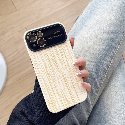 For iPhone 14 Wood Grain TPU Phone Case with Lens Film(Beige) - iPhone 14 Cases by buy2fix | Online Shopping UK | buy2fix