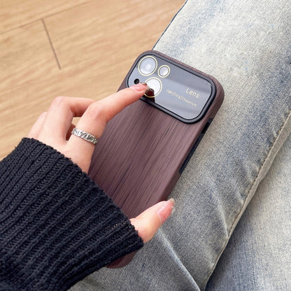 For iPhone 14 Pro Wood Grain TPU Phone Case with Lens Film(Khaki) - iPhone 14 Pro Cases by buy2fix | Online Shopping UK | buy2fix