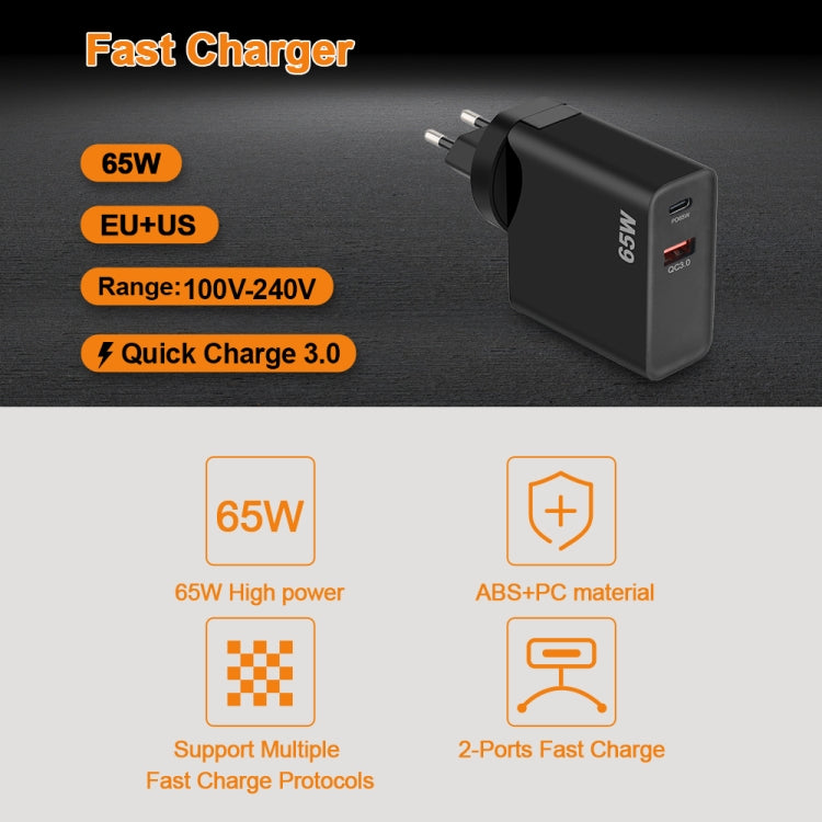 GVDA 65W USB+USB-C/Type-C Fast Charger, EU / US Plug(Black) - USB Charger by GVDA | Online Shopping UK | buy2fix