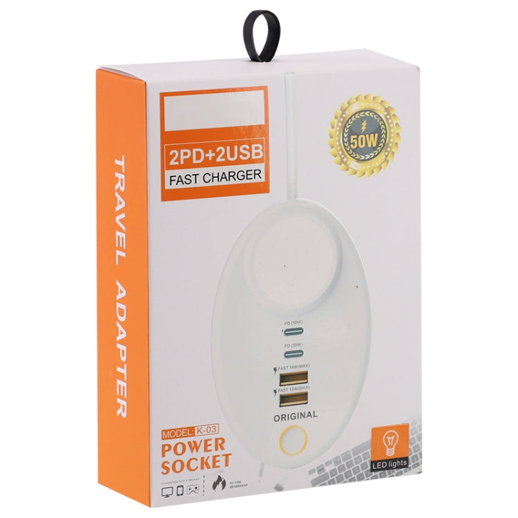 YF-106 USB- C / Type-Cx2+USBx2 Oval PD Socket Phone Charger with Light, Plug Type:UK Plug(White) - Multifunction Charger by buy2fix | Online Shopping UK | buy2fix