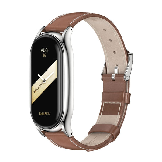 For Xiaomi Mi Band 8 Mijobs Plus Case Genuine Leather Watch Band(Brown Silver) - Watch Bands by MIJOBS | Online Shopping UK | buy2fix