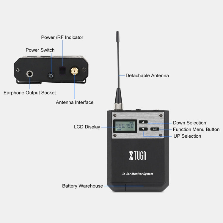 XTUGA  IEM1100 Professional Wireless In Ear Monitor System 2 BodyPacks(US Plug) - Microphone by XTUGA | Online Shopping UK | buy2fix