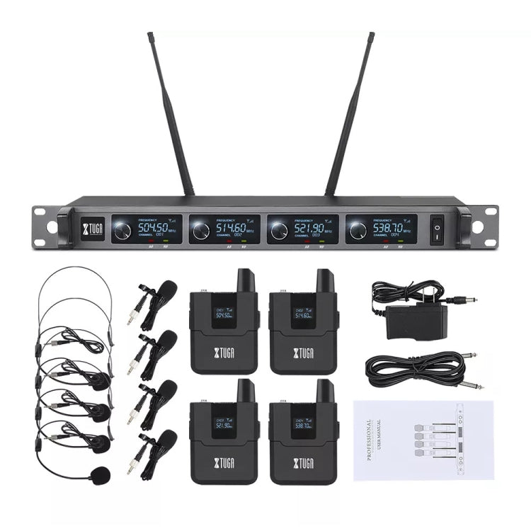 XTUGA A140-B Wireless Microphone System 4 BodyPack Headset Lavalier Microphone(UK Plug) - Microphone by XTUGA | Online Shopping UK | buy2fix