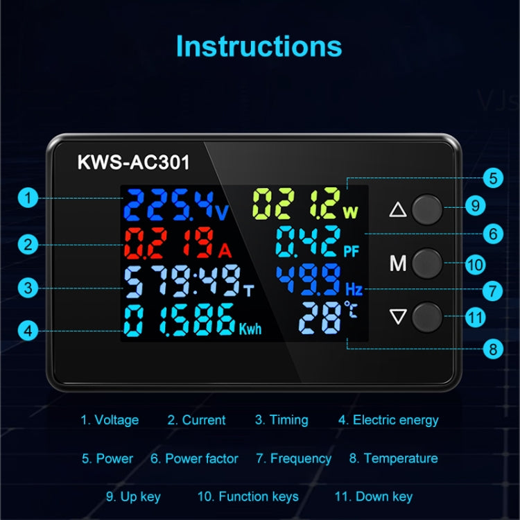 KWS-AC301-20A 50-300V AC Digital Current Voltmeter(Black) - Current & Voltage Tester by buy2fix | Online Shopping UK | buy2fix