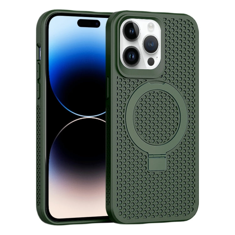 For iPhone 14 Pro Skin Feel PC+TPU Cooling Magnetic Magsafe Phone Case with Stand(Dark Green) - iPhone 14 Pro Cases by buy2fix | Online Shopping UK | buy2fix