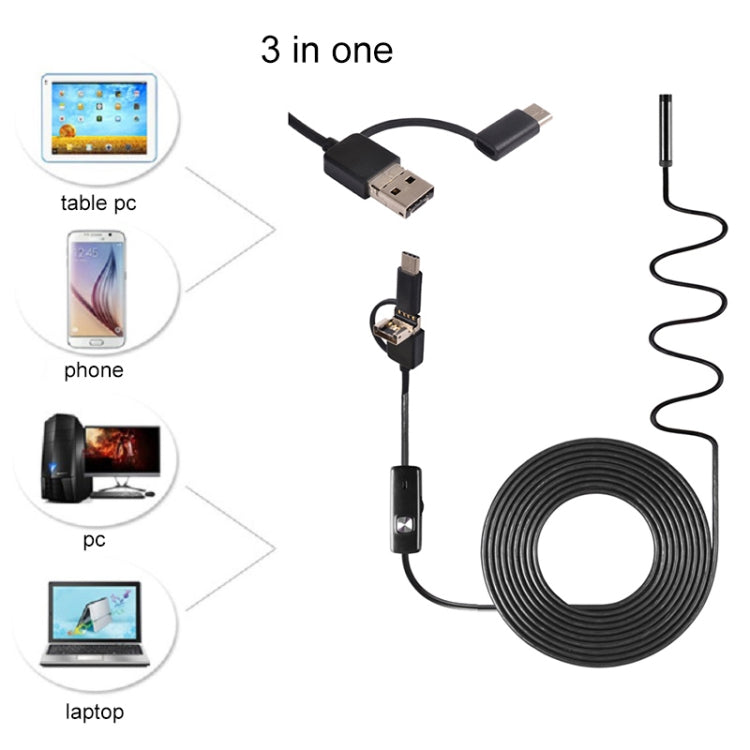 AN100 3 in 1 IP67 Waterproof USB-C / Type-C + Micro USB + USB HD Endoscope Hard Tube Inspection Camera for Parts of OTG Function Android Mobile Phone, with 6 LEDs, Lens Diameter:8mm(Length: 3.5m) - Consumer Electronics by buy2fix | Online Shopping UK | buy2fix